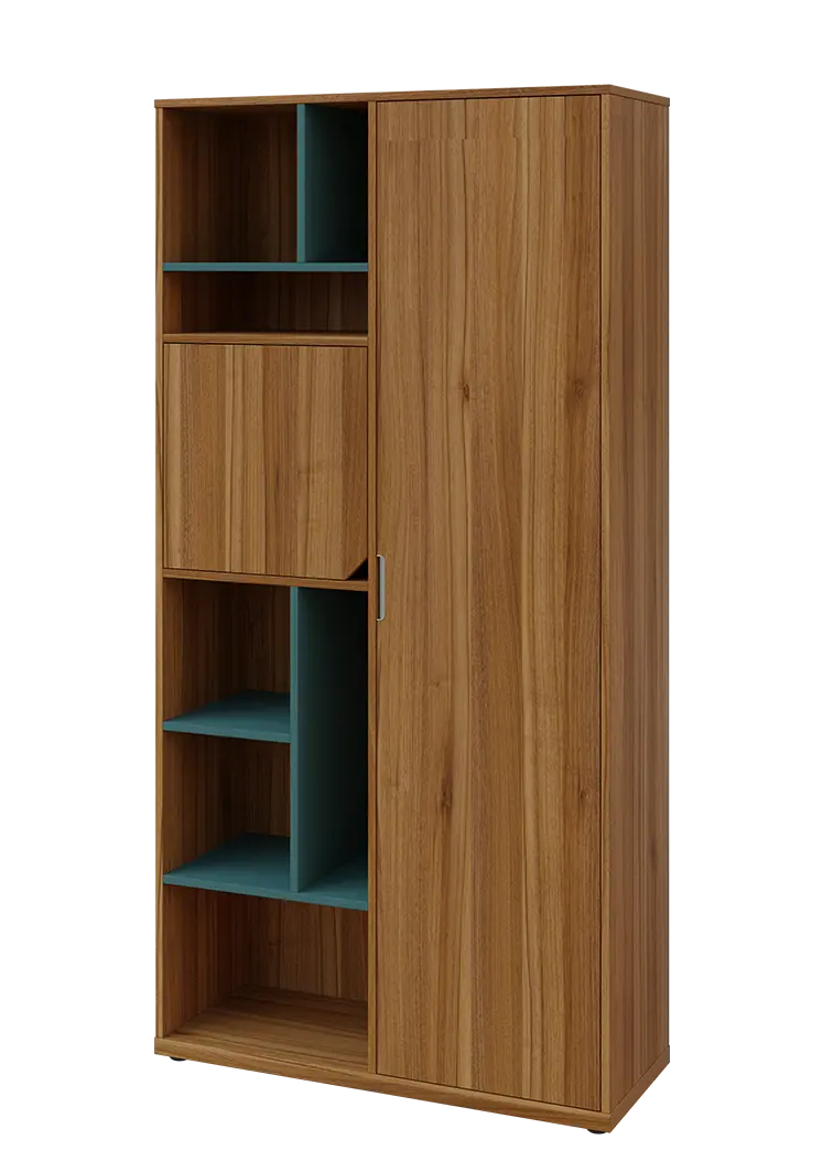 KSR6-83 P skříň šatní, 1x výsuvné ramínko, dvířka, niky, 2053x1022x400 mm, provedení pravé, korpus a dvířka ořech světlý/police světle petrolejová